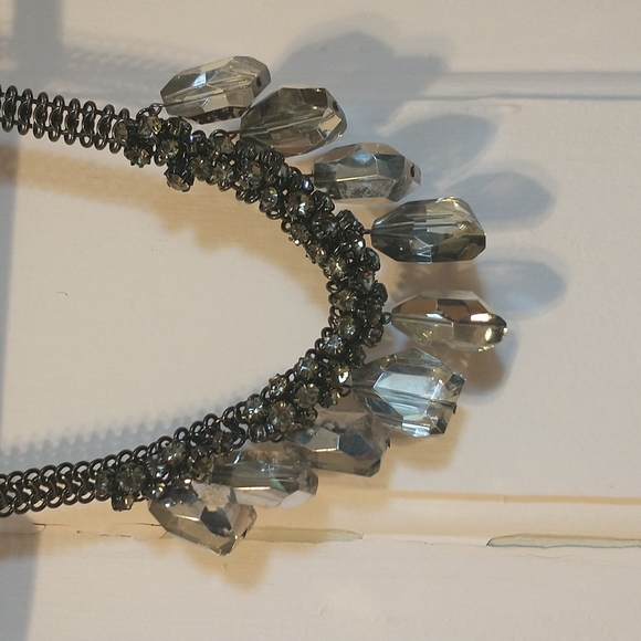 ABS black metallic statement necklace used w/ damages 13 to 15 inch drop length - Picture 2 of 4